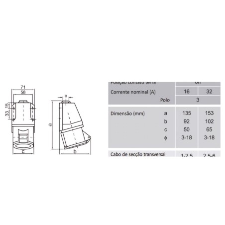 Lizdas 3S-123, 32A, 2P+E, stacionarus